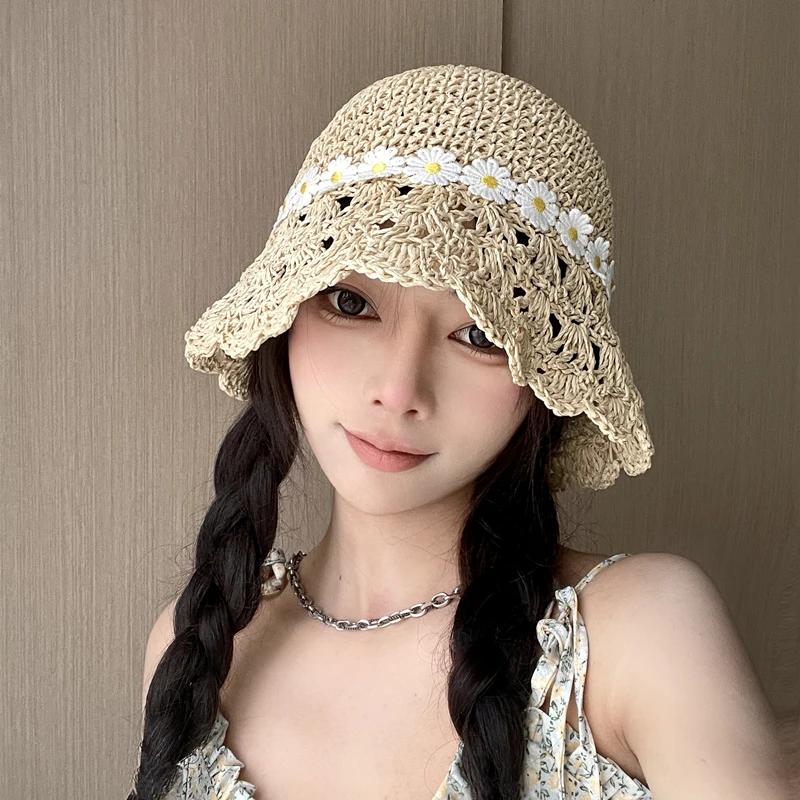 防晒草帽女新款夏季海边花朵折叠网红镂空编织遮阳帽太阳渔夫草帽