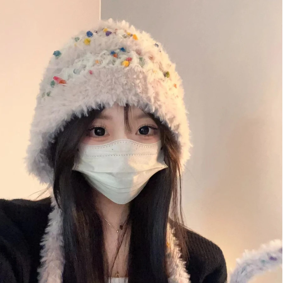 芝士彩虹糖豆毛绒渔夫帽子女秋冬季显脸小加厚素颜保暖针织毛线帽