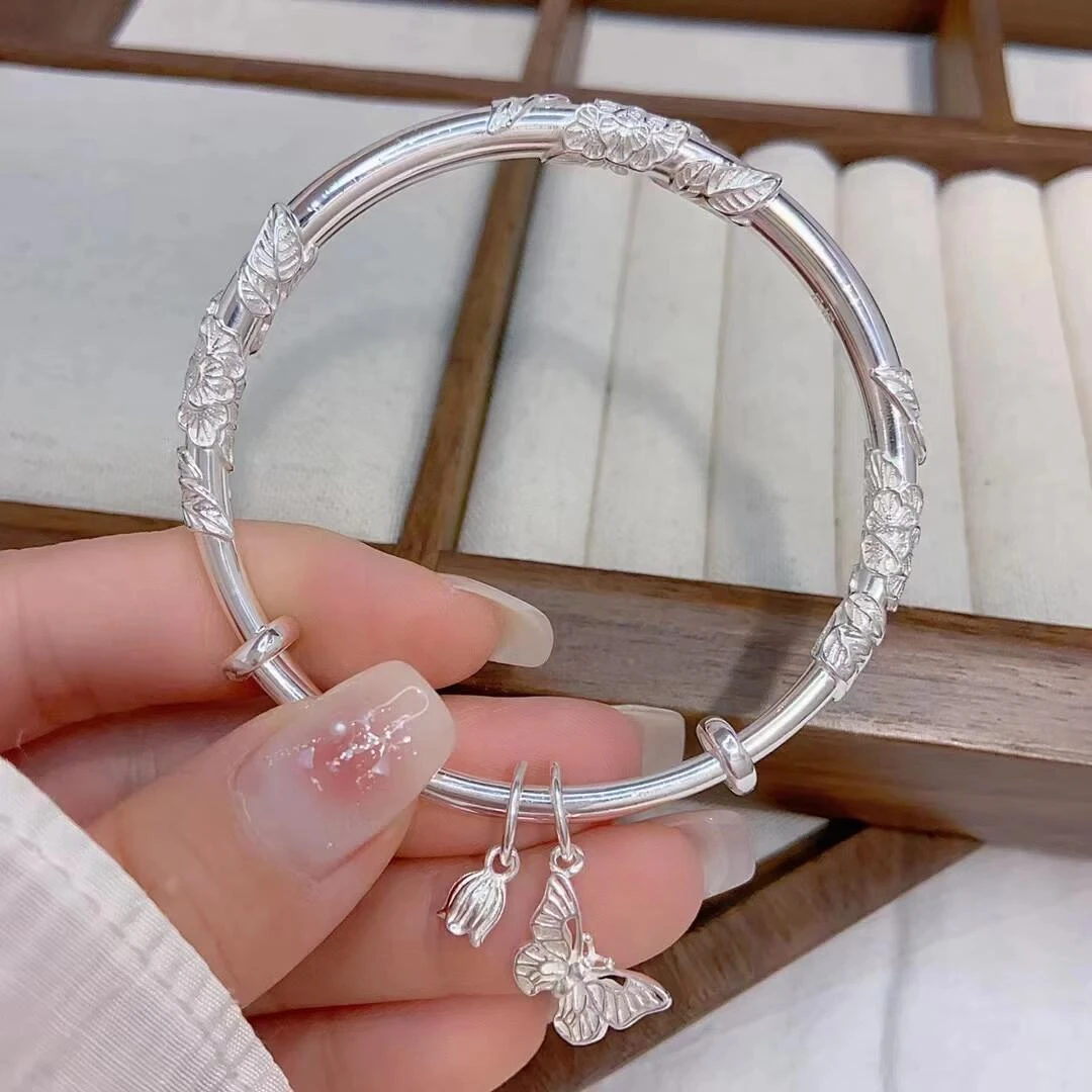 足银手镯 【21号】足银999.9繁花似锦蝶恋花推拉款实心可爱