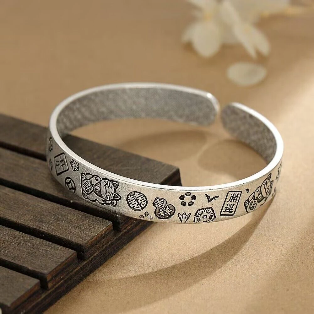 足银手镯 【31号】足银999.9吉言招财猫开口手镯个性民族风实心手工