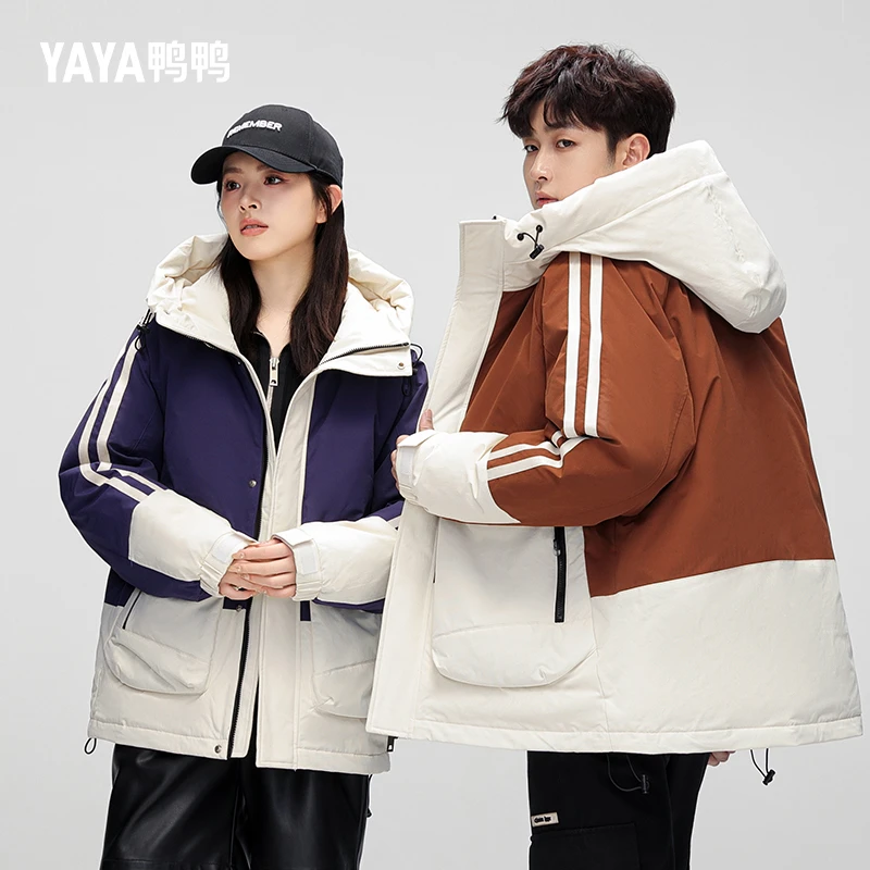 YAYA/鸭鸭户外休闲防风加绒加厚保暖拼色时尚潮流情侣秋冬外套