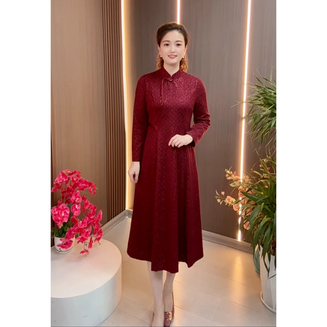 8018秋季新款女装连衣裙时尚小立领优雅气质款中长裙