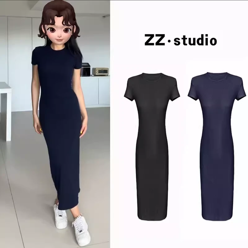 【90棉罗纹】2024夏新款轻欧式辣妹短袖包臀连衣裙中长裙女装连衣裙