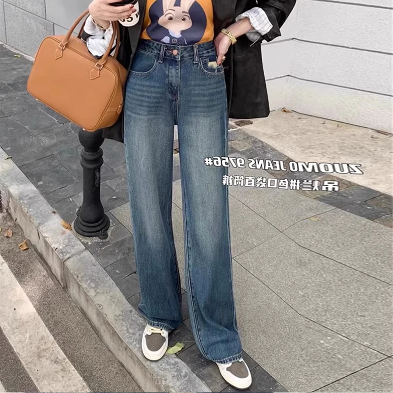 复古蓝直筒牛仔裤女秋季口袋磨破水洗高腰宽松百搭休闲阔腿长裤潮