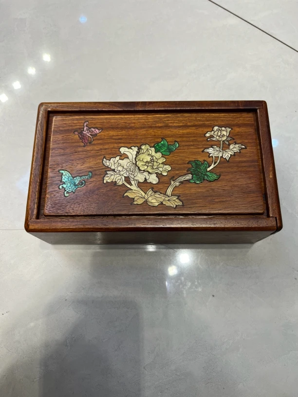老物件花梨木螺钿镶嵌花开富贵机关盒，18*11*6