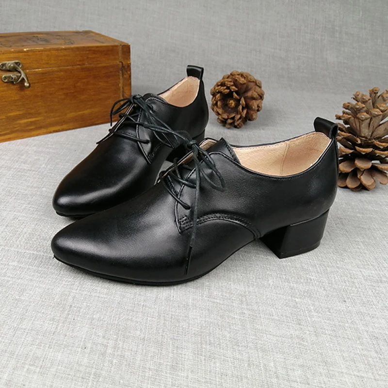 莰芙特中跟单鞋系带粗跟女鞋英伦风深口鞋尖头工作鞋舒适小皮鞋
