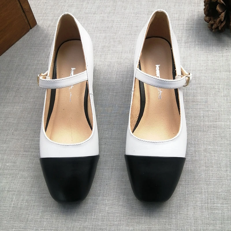 2024春秋新款小香风中跟单鞋粗跟玛丽珍一字扣带方头女百搭黑白