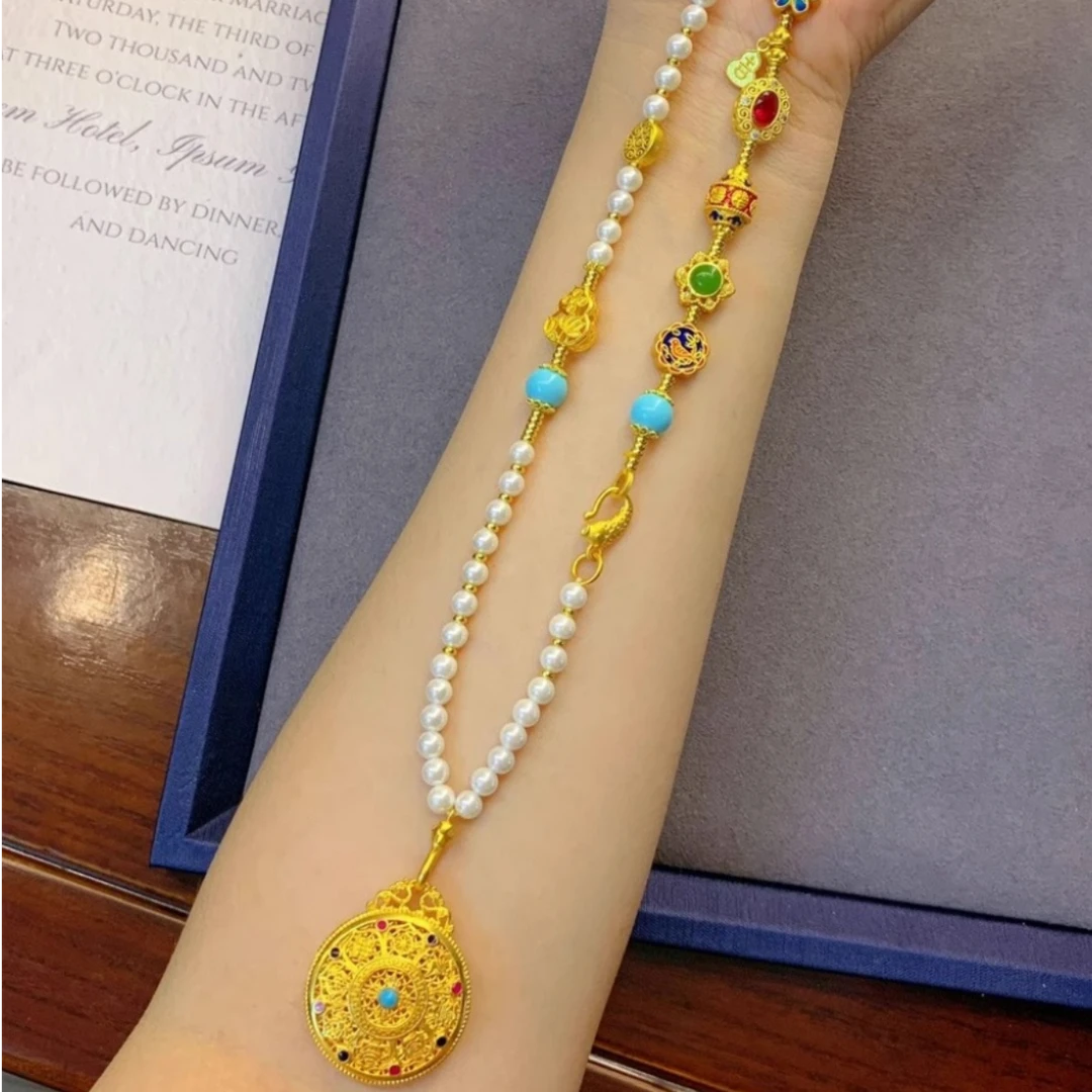 铜合金项链 烧蓝中式八宝罗盘金色长款轻奢饰品新款时尚发光蝴蝶