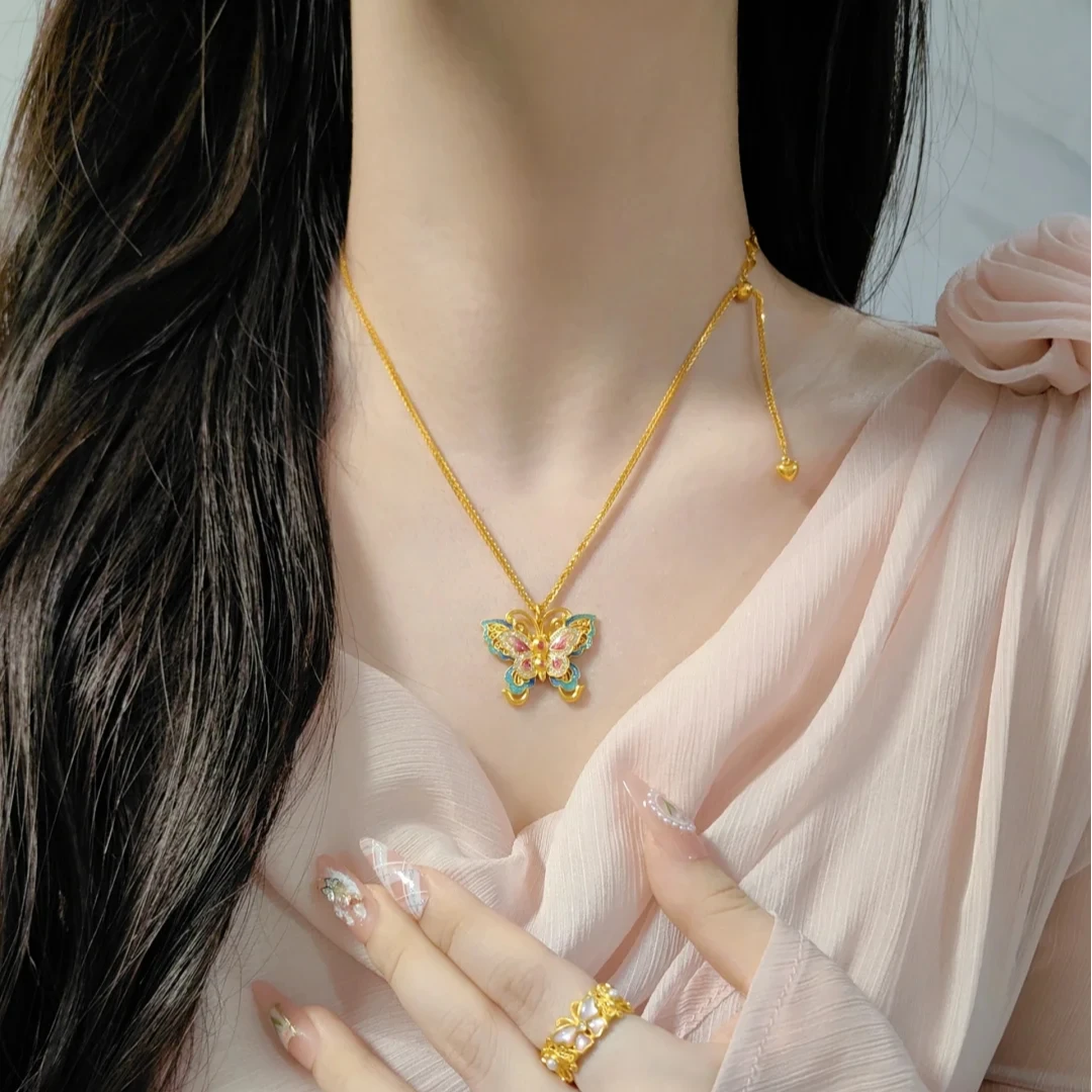 新中式烧蓝蝴蝶锁骨链庄周梦蝶金色花丝脉脉花蝶镶嵌小