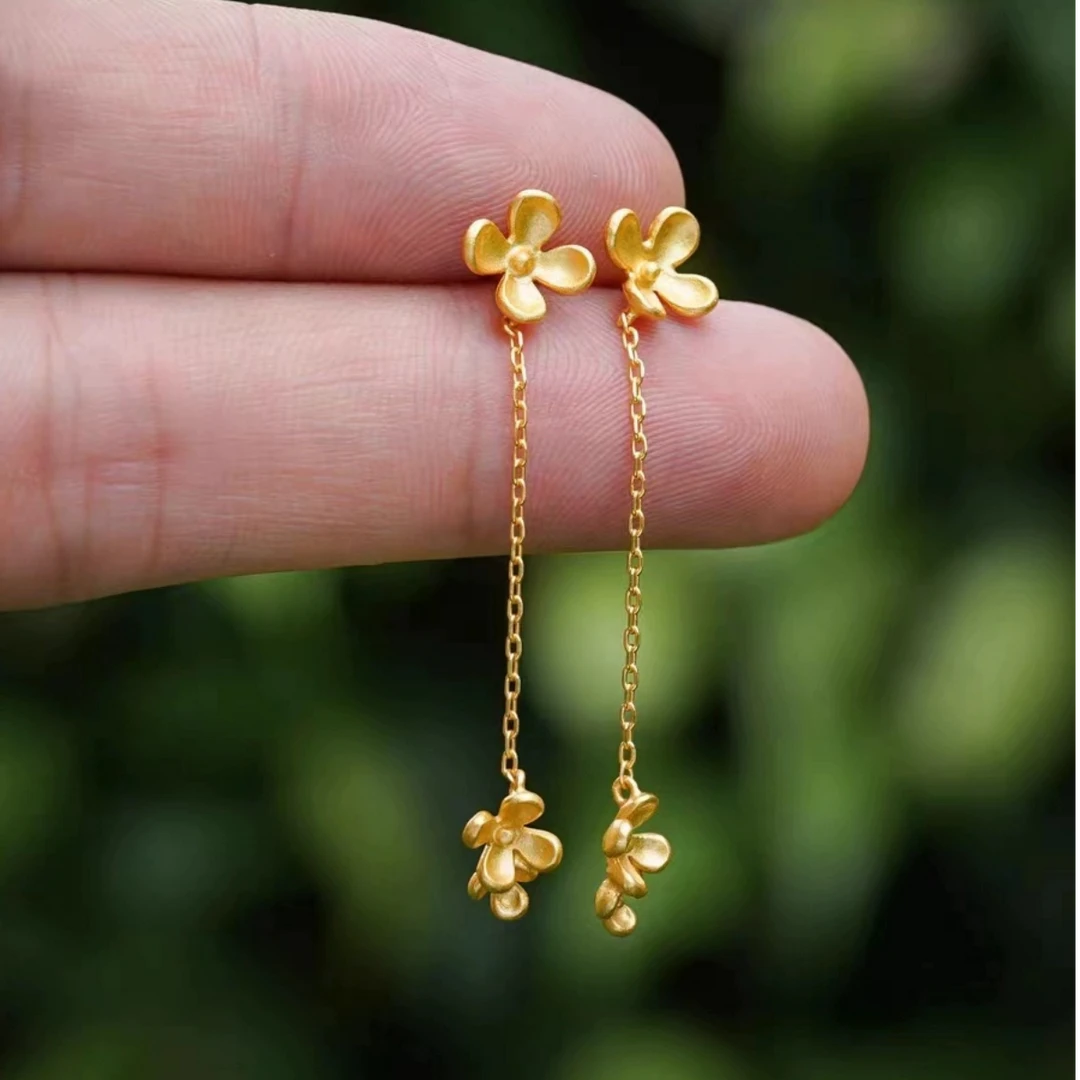 锆石耳饰桂花落耳钉女甜美温柔灵动金色流苏长款金耳坠气质