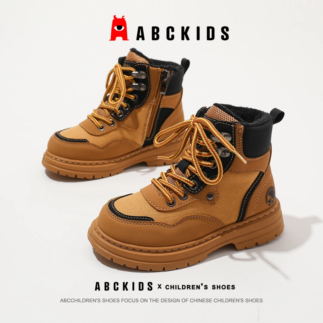 abckids童鞋男童高帮马丁靴女童鞋子加绒短袖雪地靴2023冬季新款