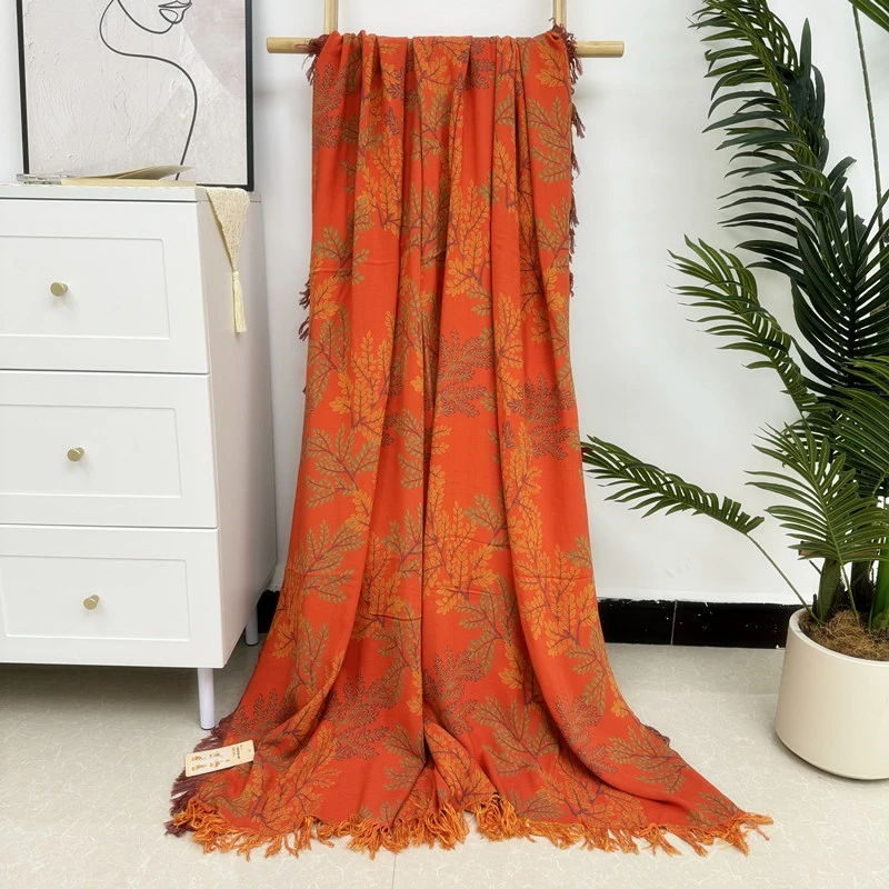 【秋风红叶】单人天丝休闲多功能休闲盖毯流苏毯1.5X2米