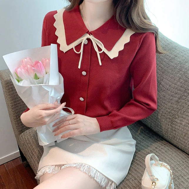 【小香风】长袖厚毛衣法式显瘦气质设计感红色氛围感针织毛衣女