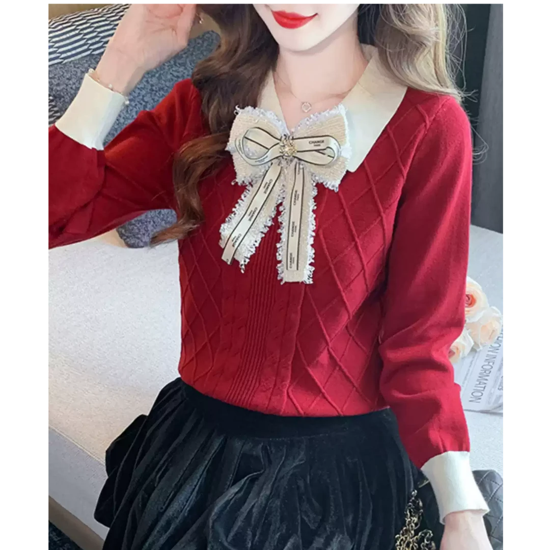 加厚款小香风气质蝴蝶结加厚打底衫毛衣娃娃领长袖针织衫上衣女装