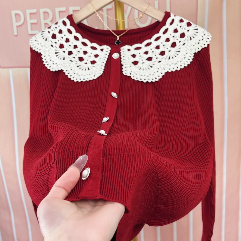 娃娃领保暖长袖毛衣针织衫女2023秋冬新款别致拼接镂空设计上衣女