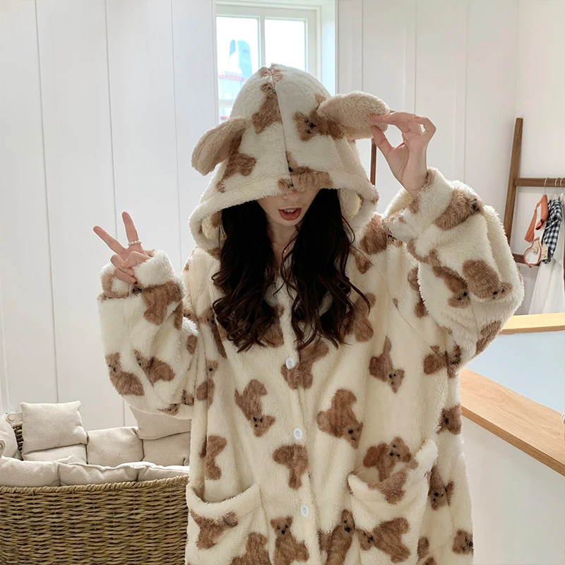 冬季法兰绒睡袍女ins连帽加绒加厚韩版卡通小熊学生睡衣可外穿