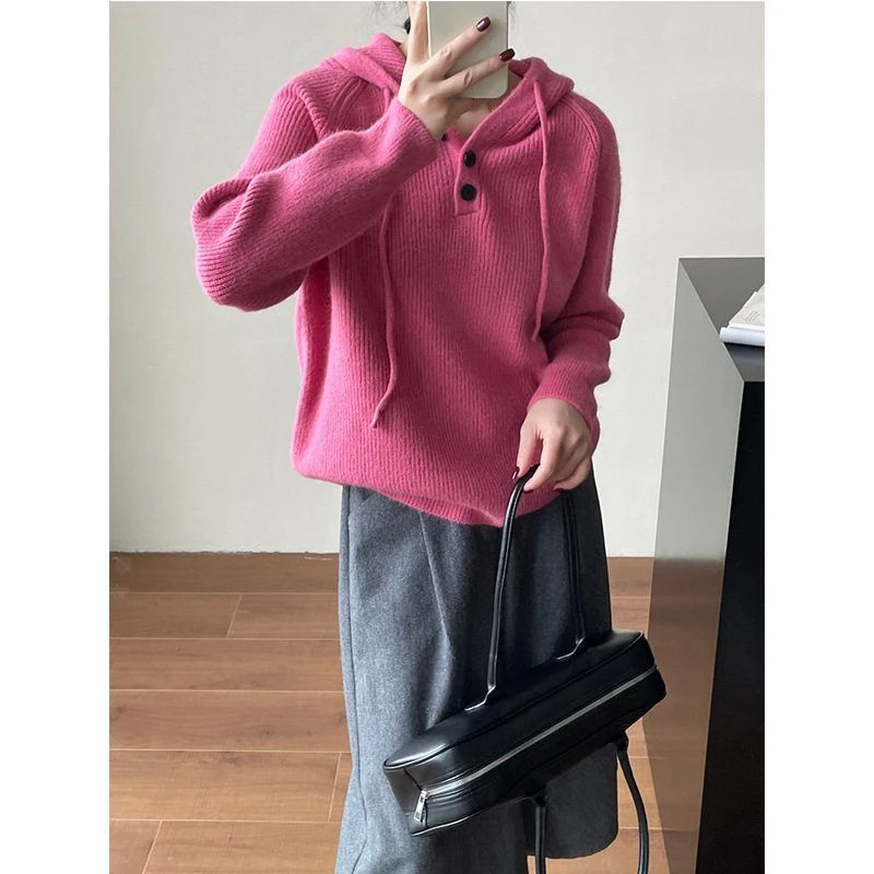 滔川   半开领连帽套头毛衣女24冬慵懒风抽绳百搭针织上衣YL1291