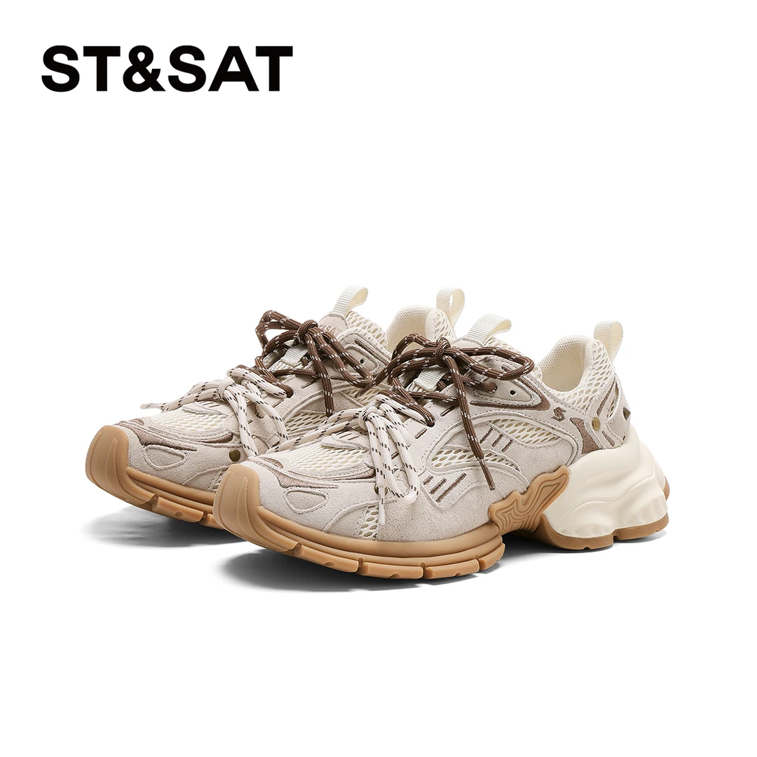 星期六真皮坡跟老爹鞋女2024春秋新款网面百搭小个子增高休闲女鞋