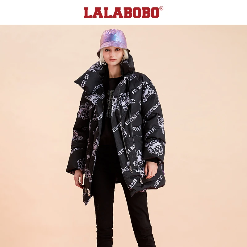 LALA冬季满印原创鸭绒中长款潮流宽松羽绒服女L20D-WSYR14