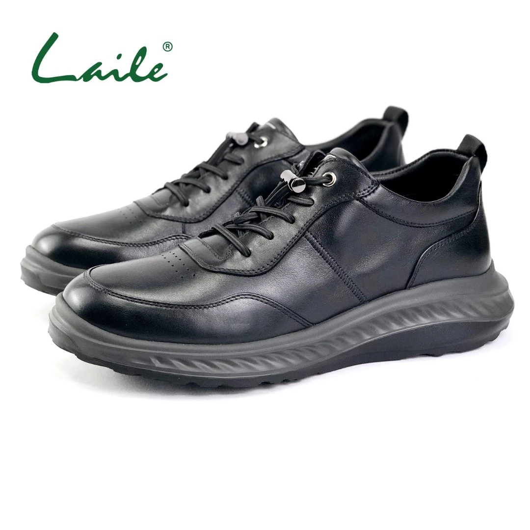 laile/莱乐男士黑色休闲鞋商务纯牛皮百搭轻便防滑软底男鞋低帮