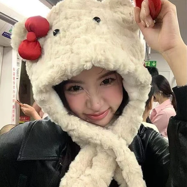 呆萌可爱蝴蝶结小熊毛绒加厚保暖护耳帽子围巾一体御寒冬驾车用品