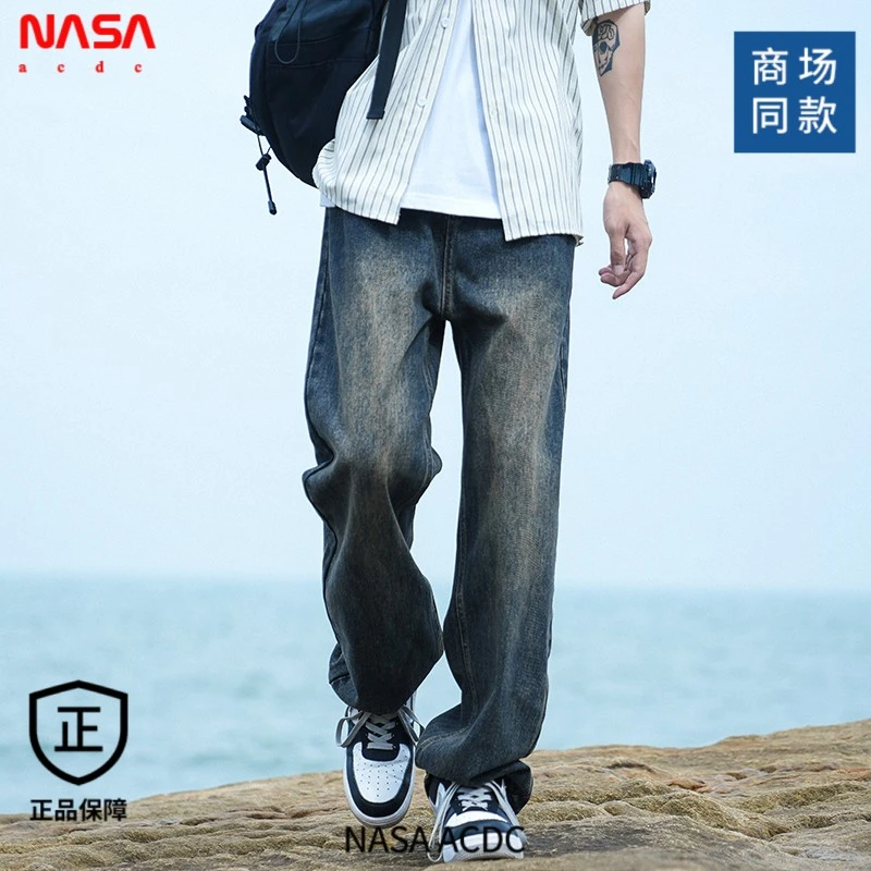 NASA ACDC秋冬款水洗牛仔裤男新款潮牌宽松百搭直筒情侣休闲长裤