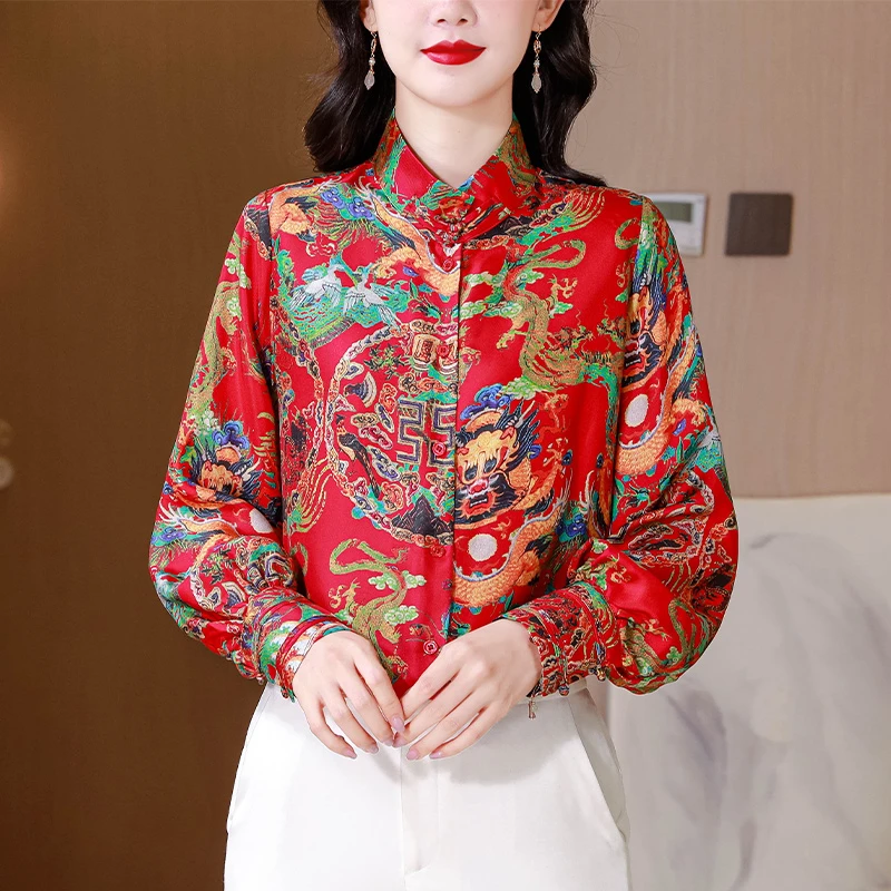秋季宽松复古文艺民族风国潮百搭中年休闲东北大花长袖衬衫上衣