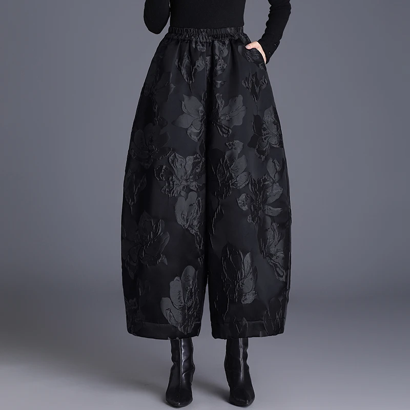 高腰时尚休闲高档浮雕提花阔腿裤女秋冬保暖棉裤九分灯笼裤靴裤