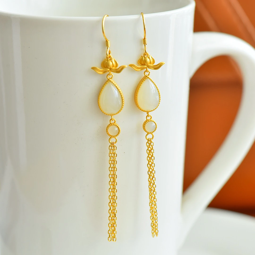 s925银镶和田玉水滴流苏耳坠多样性2624#