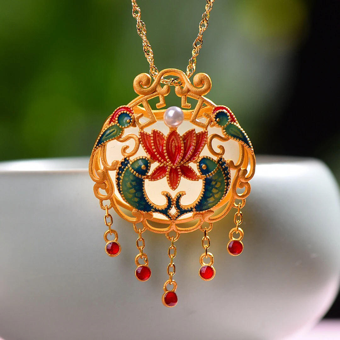 s925银镶和田玉珐琅如意锁吊坠多样性不含链26632