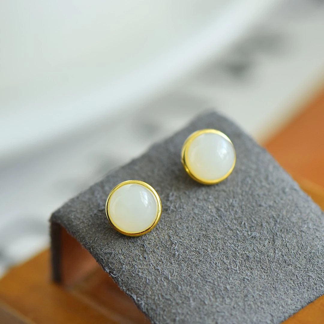 s925银镶和田玉圆蛋面耳钉多样性2282#