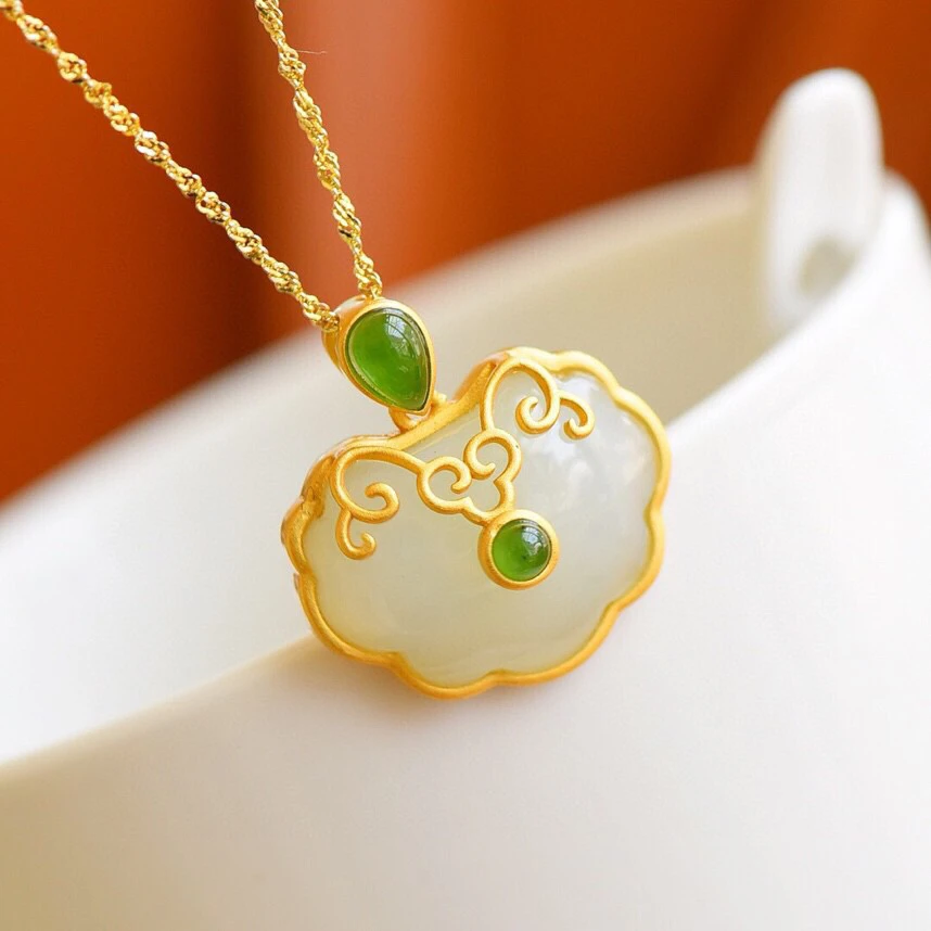 s925银镶和田玉平安锁吊坠多样性不含链5083#