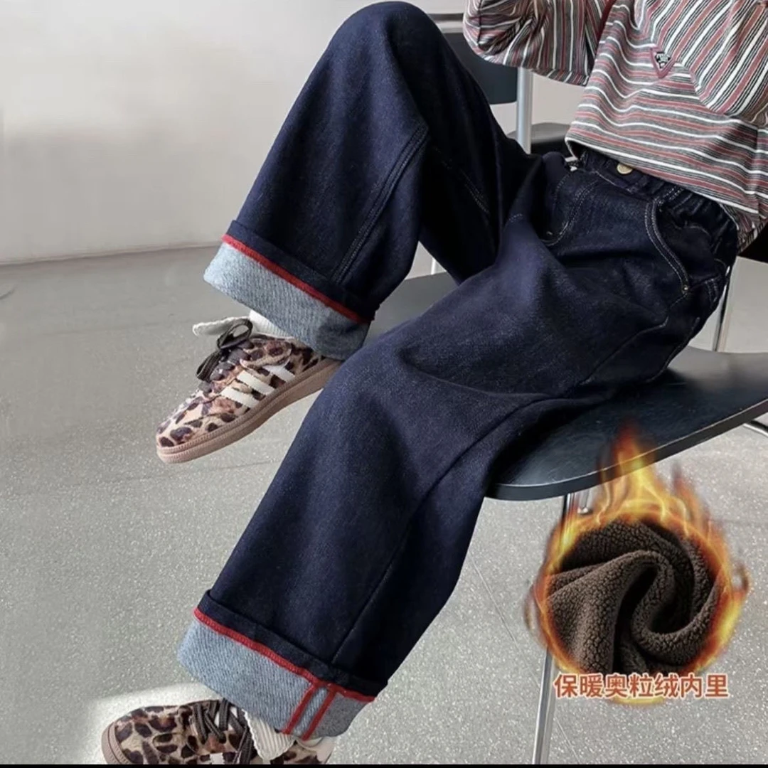 儿童牛仔裤女中腰冬季童装中大童儿童秋款女童直筒韩版加绒