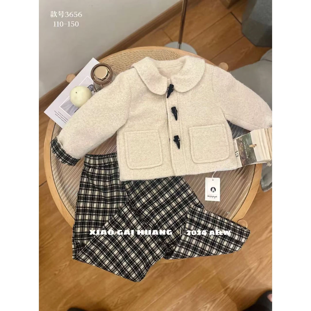 现货    2024冬季儿童女童休闲呢大衣外套+格子裤两件套3656