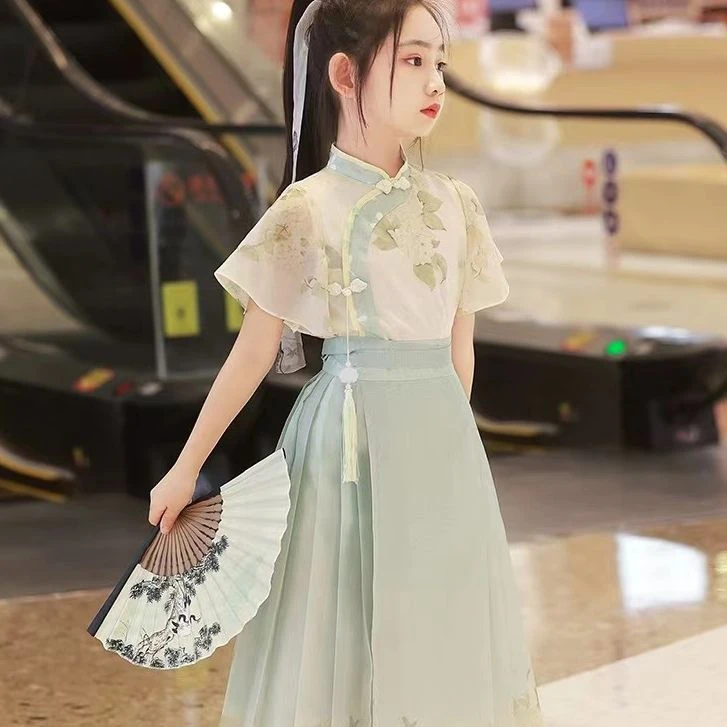 现货  2024夏季儿童女童上衣 马面裙中国风套装25023