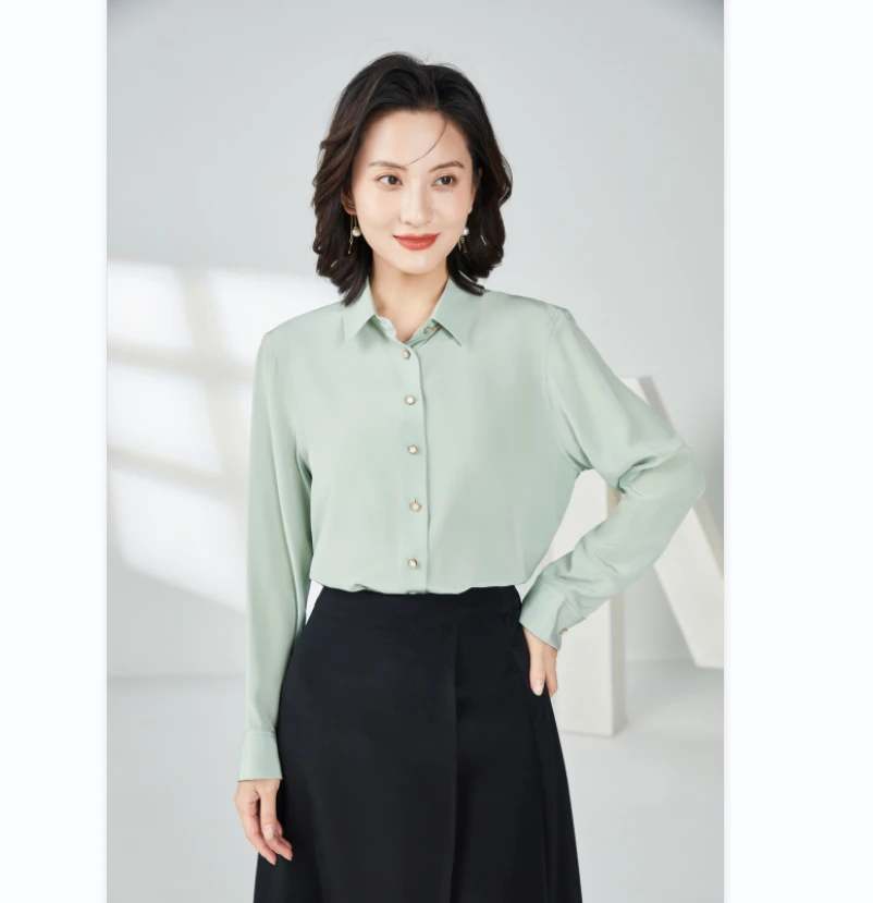 【桑蚕丝03双绉】简约风透气亲肤舒适休闲衬衫6102纯色上衣长袖气质