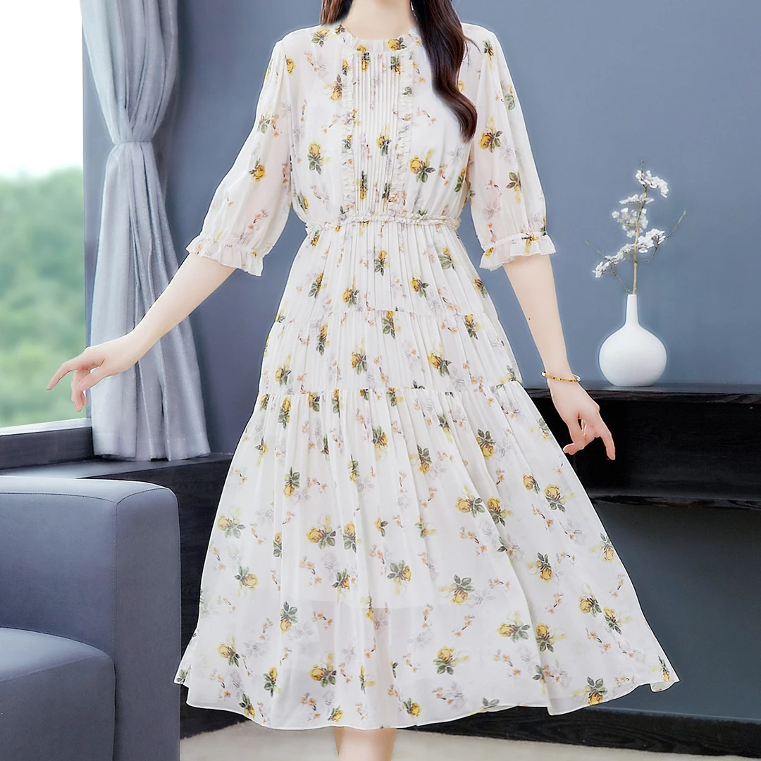 【桑蚕丝乔其纱】夏季减龄气质印花法式女装连衣裙9232