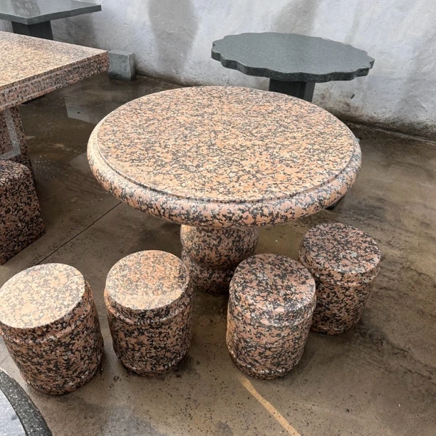 石雕石桌石凳庭院花园天然石头桌子家用幻彩红长方桌户外别墅摆放