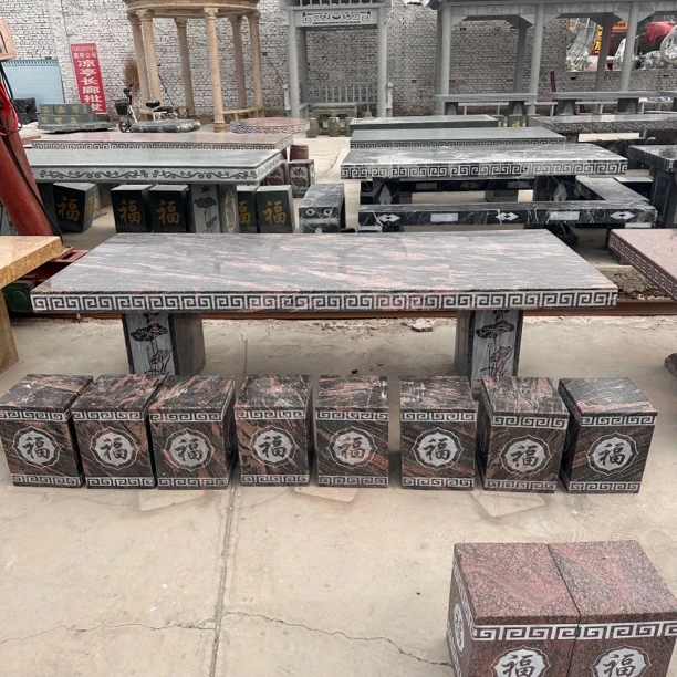 石雕石桌石凳庭院花园天然石头桌子家用幻彩红长方桌户外别墅摆放