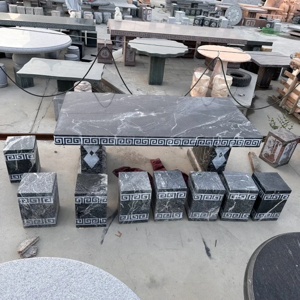 !石雕石桌石凳大理石桌椅庭院花园户外室外天然泰山石雪浪长方形