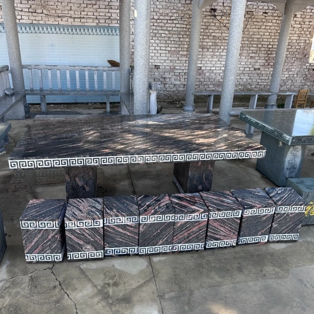 石雕石桌石凳庭院花园天然石头桌子家用幻彩红长方桌户外别墅摆放