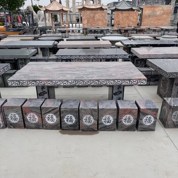 石雕石桌石凳庭院花园天然石头桌子家用幻彩红长方桌户外别墅摆放