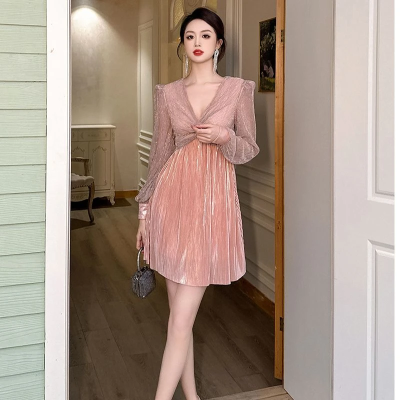 【周粥定制】新款气质轻奢收腰粉色女装连衣裙时尚复古A裙70250