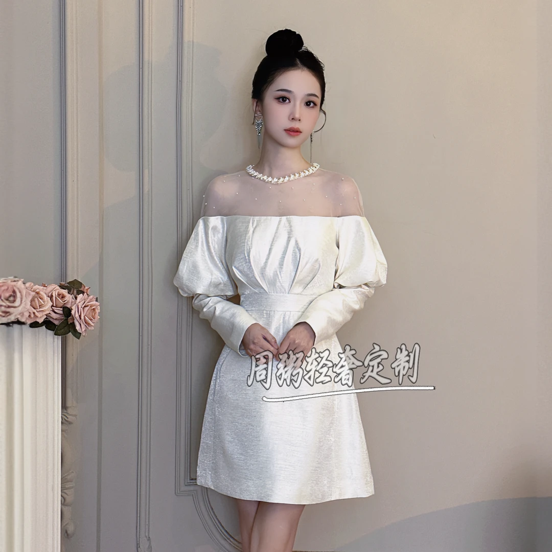 【周粥定制】性感露肩一字肩礼服时尚轻奢气质泡泡袖连衣裙21543