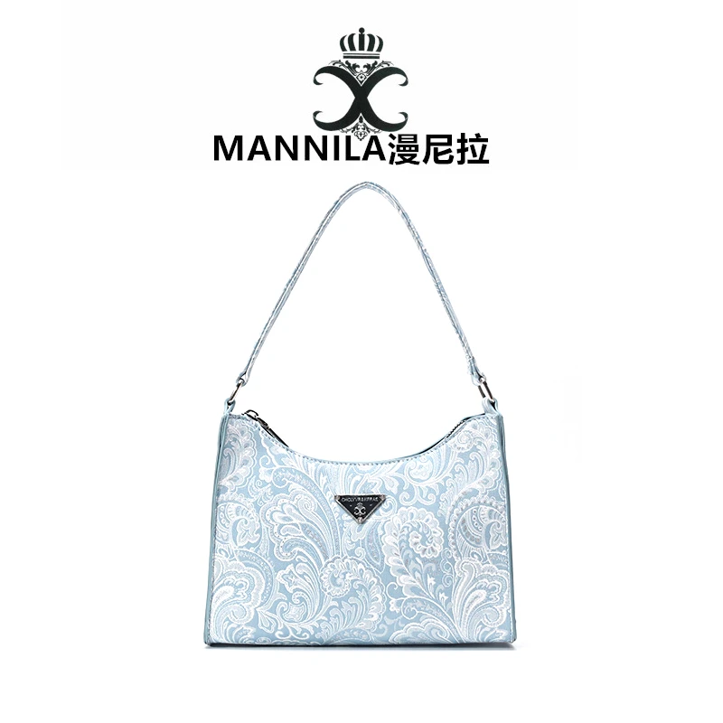 MANNILA/漫尼拉托特包蓝色时尚女士小众印花腋下单肩5643-1
