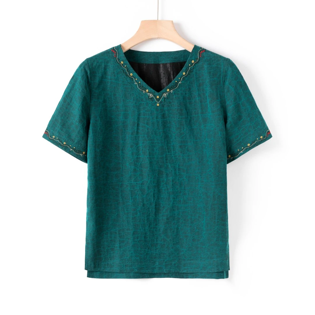 桑蚕丝香云纱龟裂纹45姆米夏季双面穿中式刺绣休闲宽松上衣230509