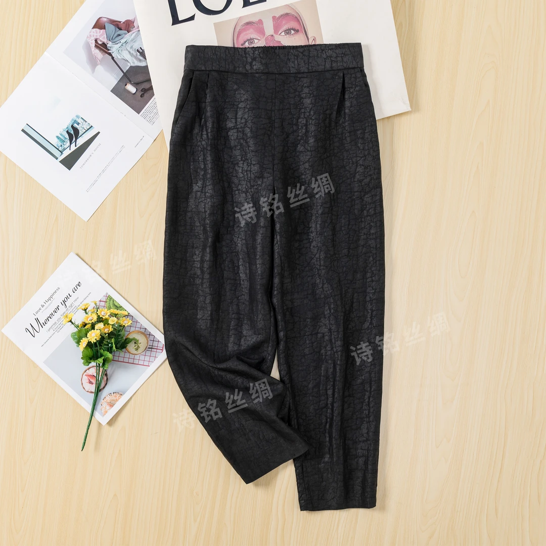 100%桑蚕丝香云纱龟纹百搭高腰休闲显瘦小脚裤1988