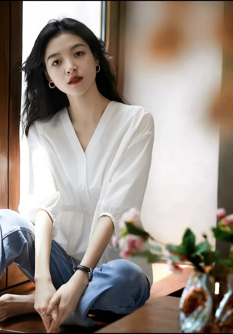 抗皱面料-胖妹妹收腰显瘦休闲宽松衬衣白色正品感气质女款衬衫