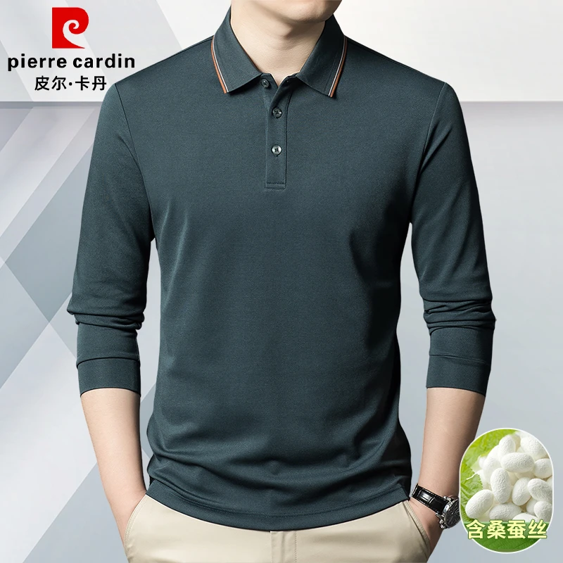 皮尔卡丹秋季纯色含桑蚕丝中年翻领长袖T恤商务休闲百搭男款内搭