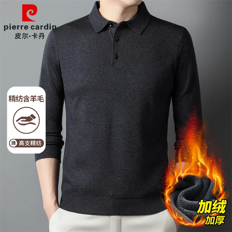 皮尔卡丹加绒加厚男士翻领针织衫冬季中老年百搭长袖羊毛保暖毛衣